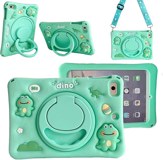 3D Cute Press Dinosaur Case for iPad mini 7 (A17 Pro) 2024/Mini 6 2021 8.3 inch,Kawaii Cartoon Character Pretty Dinosaur Soft Silicone Rotating Stand Case with Lanyard for Kids Teens Girls Women