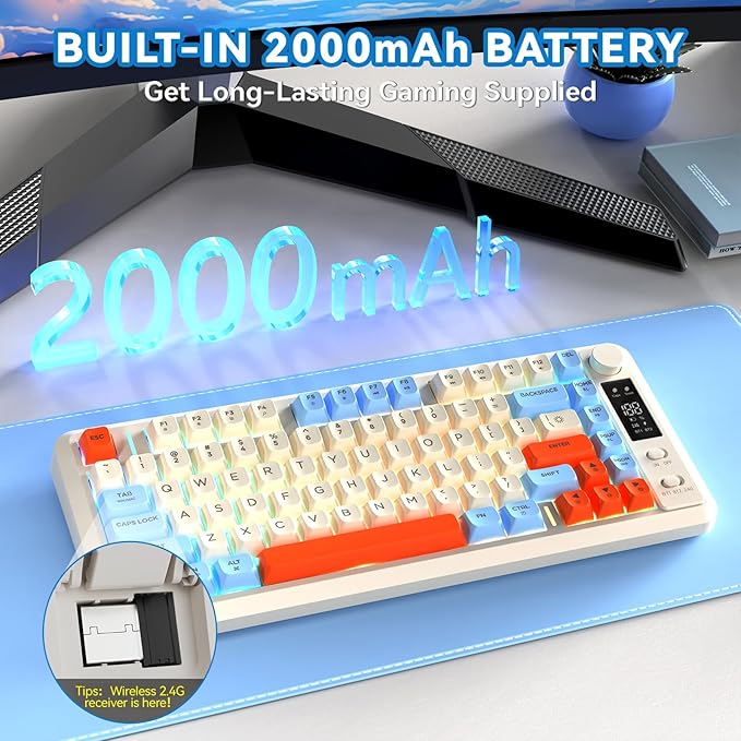 ZIYOU LANG M75 Wireless Gaming Keyboard, RGB Backlit Rechargeable 2000mAh Battery, Small Membrane But Mechanical Feel Keyboard with Smart Display & Knob, PBT Gradient keycaps for PC, MAC - Blueberry