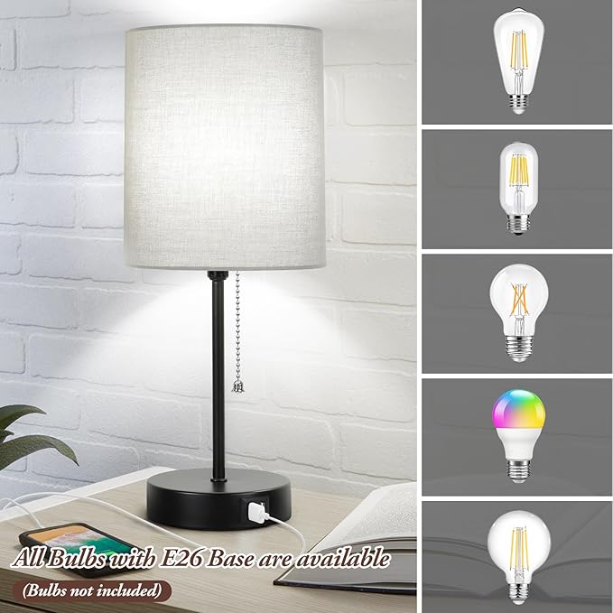 17.3’’ Table Lamps Set of 2 with 2 USB & AC Outlet, Bedside Nightstand Lamps for Bedroom Living Room Kid’s Room, Desk Lamp with Pull Chain Switch & Fabric Shade for Office Reading Nursery, Grey