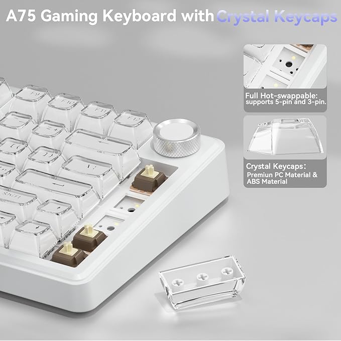 SOLAKAKA A75 Wireless Gaming Keyboard with Multifunction Knob, BT5.0/2.4GHz/USB-C, 75% Mechanical Keyboard, Hot-Swappable, Gasket Creamy Keyboard with RGB Backlit, Crystal Keycaps, for PC/Mac/PC