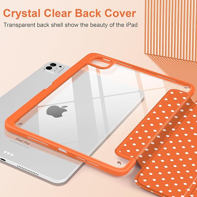 Case for iPad Pro 11 Inch (M5 2025 M4 2024) – [Built-in Pencil Holder], Shockproof & Stylish, Clear Hard Back + Soft TPU Edge, Magnetic Trifold Stand, Auto Wake/Sleep, Orange White dot