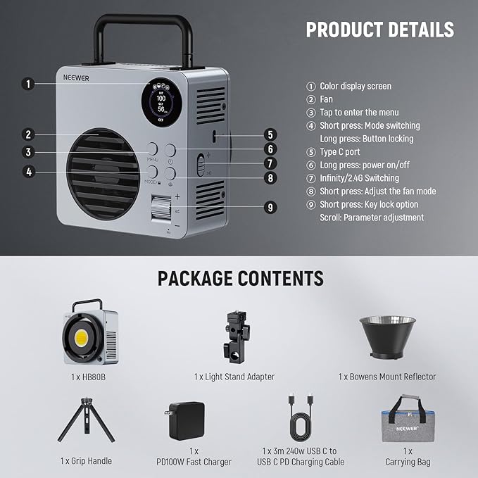 NEEWER 80W LED Video Light with 72Wh Battery & 100W PD Adapter APP/2.4G Control Portable Bi Color Mini COB Studio Continuous Output Lighting 25500lx/1m 2700-6500K 0-100% Dimming CRI95+ 13 Scene, HB80B