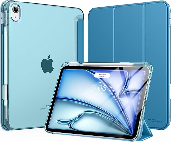 MoKo for iPad Air 11 inch Case (M4/M3/M2) 2026/2025/2024, iPad Air 5th/4th Gen 10.9 inch Case 2022/2020 with Pencil Holder, Slim Light Trifold Cover with Hard PC Translucent Back Shell, Peacock Blue