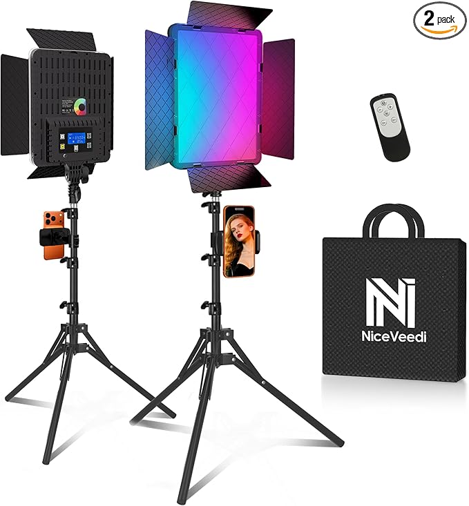 NiceVeedi 2-Pack RGB Photography Lighting with 20 Effects, 40W/360° Full Color/2700-6500K Studio Lights with Remote & Display, Video Light for Video Recording/Photography/Streaming/YouTube/TikTok