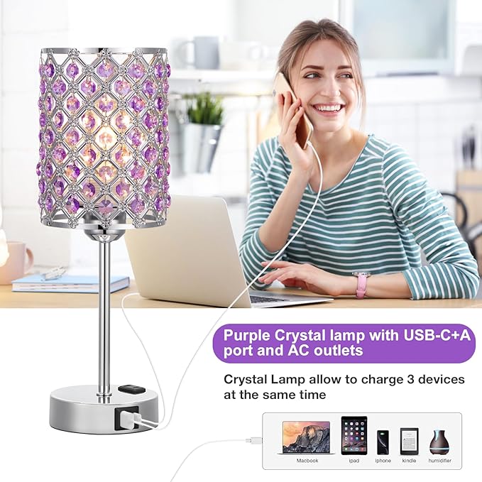 Hong-in Purple Lamps for Night Stands-Crystal Table Lamp with USB-C+A & AC Charging Ports, 3-Way Dimmable Nightstand Touch Lamp, Bedside Desk lamp for Bedroom Living Room Home Office