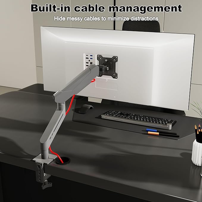 THEARK Single Monitor Desk Mount 17"-32" Screens - Adjustable Gas Spring Monitor Arm Computer Monitor Stand up to 19.8 lbs,VESA Arm Desk Mount with C-Clamp and Grommet Base,VESA 75x75/100x100mm,Silver