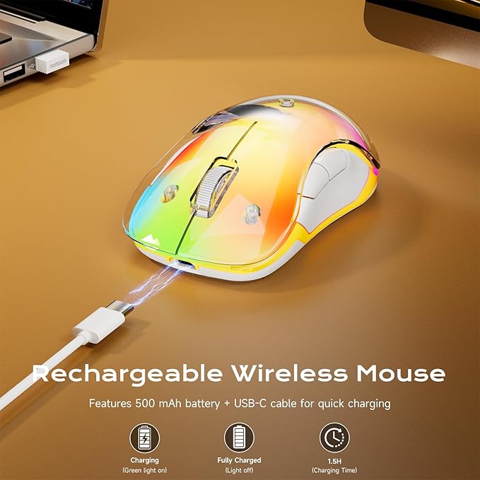 memzuoix 2.4G LED Wireless Mouse, Rechargeable Ergonomic Mouse with Detachable Cover, 1400 DPI Portable Optical Computer Mouse with USB Receiver for Laptop, PC, Desktop and MacBook, 5 Buttons