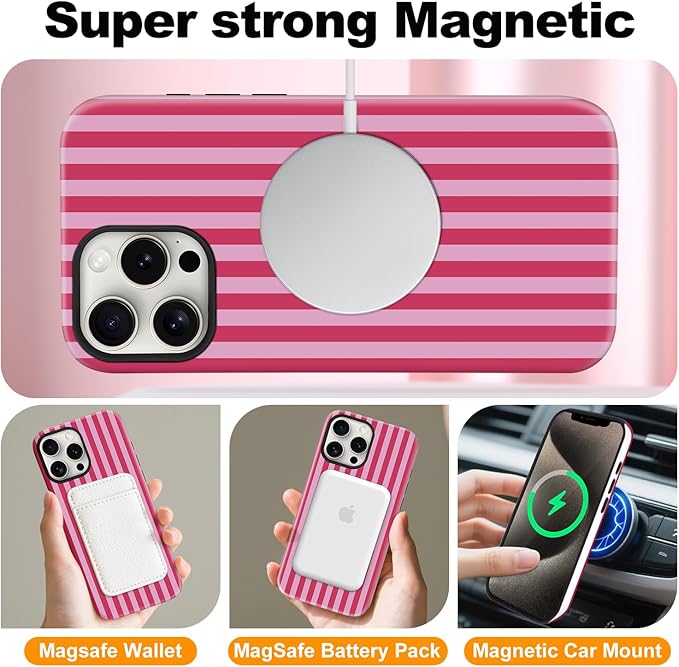 Magnetic for iPhone 11 Case Cute Stripes Phone Case, Shockproof Slim TPU and Hard PC Protective Phone Cover Compatible with MagSafe Designed for Women Girls, Red and Pink