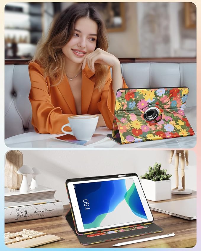 Kidcube for iPad 9th/8th/7th Generation Case 10.2 Inch - for Women Girls Cute Rotating Stand Folio Cover with Pencil Holder & Card Slot Girly Kawaii Cat Flowers Design for iPad 9th/8th/7th Gen Cases