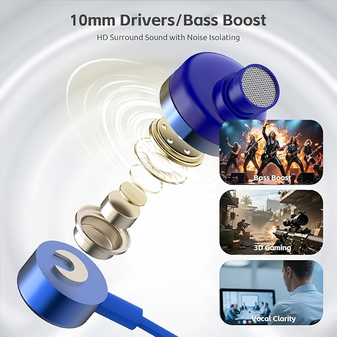 MORMOQUE USB C Headphones for iPhone 15 16 17,for Samsung S20-S23 A53 A54 Type C Wired Earbuds,Built-in Microphone Hi-Fi Bass Earphones,4.9ft Long Cord Magnetic in-Ear Ear Buds with 6 Ear Tips(Blue)