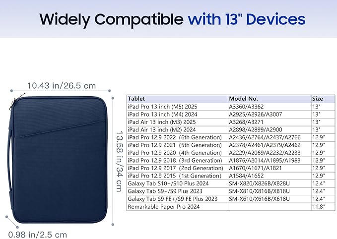 TiMOVO 13 Inch Tablet Sleeve for iPad Air 13" M3 2025, iPad Pro 13"/12.9", Galaxy Tab S9/S10 Plus/S9 FE+ 12.4", Remarkable Paper Pro 11.8", Protective Bag with Pockets, Indigo