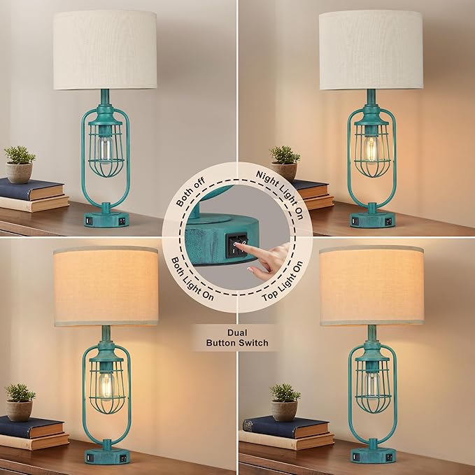 Table Lamps for Living Room End Table Set of 2, Farmhouse Lamps for Night Stands, Industrial Bedside Lamps for Bedroom with USB A+C, Bulbs Included