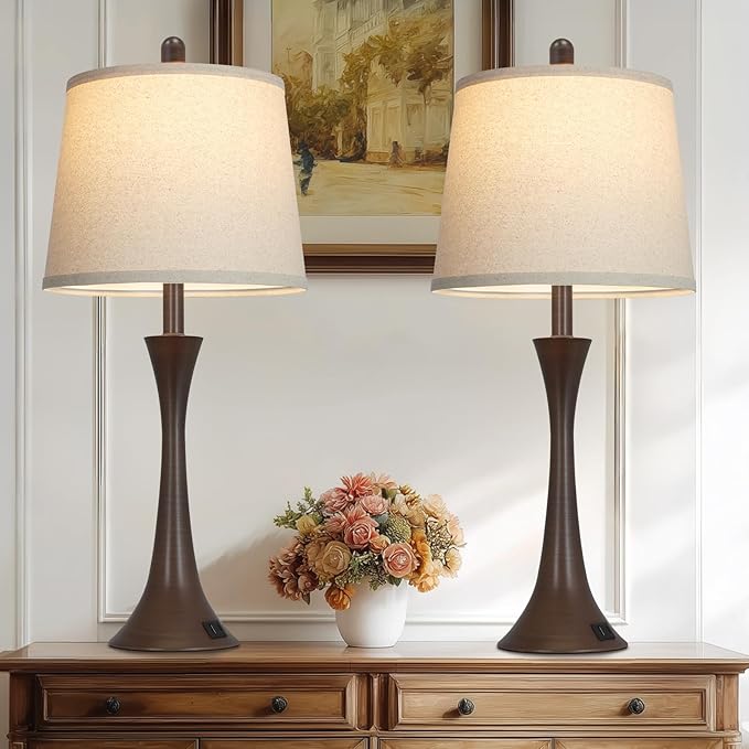 Rinweey 27.5" Table Lamps Set of 2, Touch Bedside Lamps with USB C+A Ports, 3 Way Dimmable Nightstand Lamps for Bedroom, Living Room, Office, Brown Lamp with Beige Lampshade, Bulbs Included