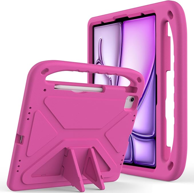 Kids Case for iPad Pro 12.9 inch Cover 6th/5th/4th/3rd Gen (2022/2021/2020/2018) with Kickstand/Handle/Stylus Pencil Holder Soft EVA Heavy Duty Shockproof Flip Stand Girl Boy Cover, Rose