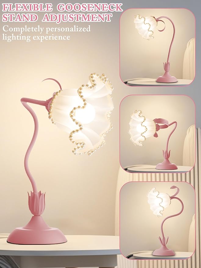 AQDZCNF Flower Table Lamp,LED Reading Light Bedside Vintage Flower Night Light,3 Colors Modes Kawaii Bedside Lamps Decor,Living Room Bedroom Room Lighting Table Lamps Home Decoration (Pink Pearls)