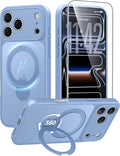 FNTCASE for iPhone 17 Pro-Max Case: [360 Spin Magnetic Stand] [Compatible with Magsafe] [Screen Protector] Translucent Matte Military Grade Shockproof Full Camera Protective Phone Cover - Light Blue