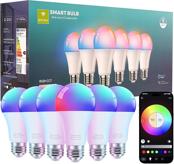 FRIDEKO HOME LED Smart Light Bulbs - Wi-Fi & Bluetooth Light Bulbs, Color Changing Light Bulb Compatible with Alexa and Google Assistant, A19 E26 RGBTW Light Bulb, 800LM (6 Pack)
