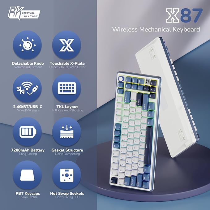 RK ROYAL KLUDGE X87 Gasket Mechanical Keyboard, 75% Wireless Gaming Keyboard with Touchable X-Plate & Volume Knob, Bluetooth/2.4GHz/Wired, Hot Swappable RGB Backlit (Blue, Tactile Beige Switch)