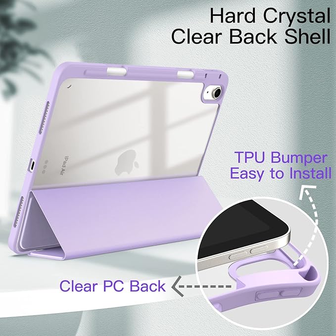 JETech Case ONLY for iPad Air 11-Inch M4/M3/M2 (2026/2025/2024), iPad Air 5/4 (2022/2020 5th/4th) with Pencil Holder, Clear Transparent Back Slim Stand Shockproof Tablet Cover (Light Purple)