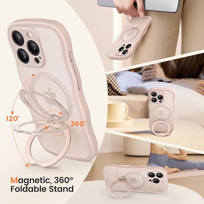 CAPRARO for iPhone 16 Pro Case with 360° Spin Magnetic Stand for Women, [Compatible with MagSafe] [Full Camera Protection] Cute Wave Translucent Matte Case for iPhone 16 Pro, Rose Gold