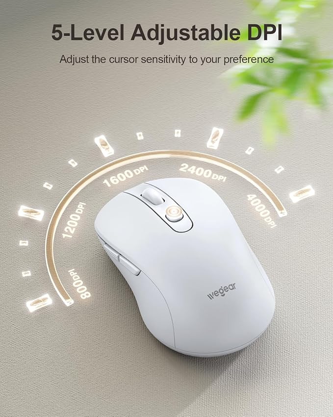 wegear USB Wireless Mouse for Laptop PC Mac, 2.4GHz Cordless Mouse with 6 Buttons, 5-Level Adjustable 4000 DPI, Ergonomic Portable Optical Computer Mice, 24-Month Battery Life -White
