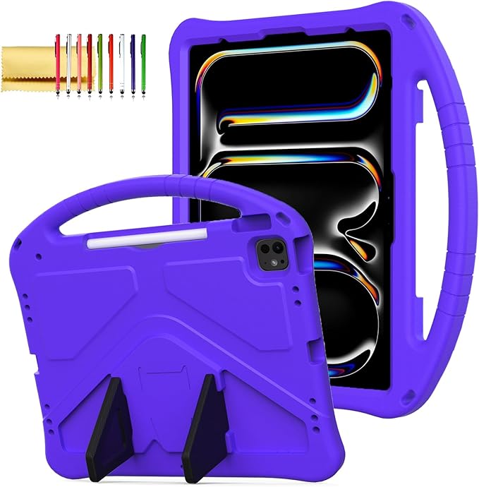 Kids Case for iPad Pro 13" M5 M4/Air 13" 2026 2025 2024, iPad Pro 12.9 2018-2022 Cover with Pencil Holder, Techcircle Lightweight Shockproof EVA Foam Handle Stand Anti-Slip Grip Rugged Case, Purple