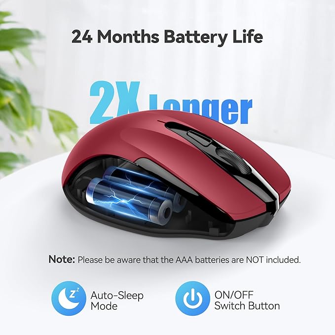 TECKNET Wireless Mouse, 2.4G Ergonomic Optical Mouse, Computer Mouse for Laptop, PC, Computer, Chromebook, Notebook, 6 Buttons, 24 Months Battery Life, 2600 DPI, 5 Adjustment Levels - Red