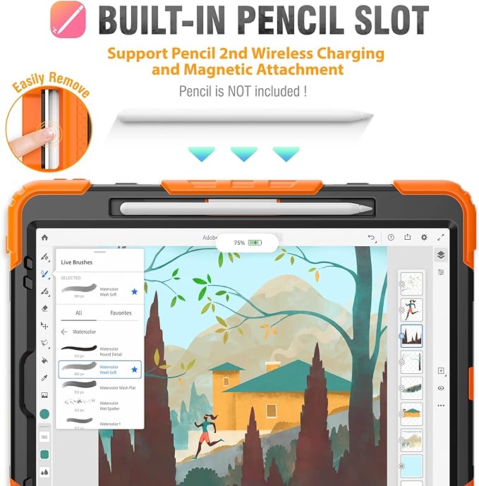 HXCASEAC Case for iPad Pro 12.9 Case (6th 5th 4th 3rd Generation), Shockproof Design | Pencil Holder | Hand Strap | Screen Protector | Heavy Duty Protective iPad 12.9 inch 2022/2021/2020/2018, Orange
