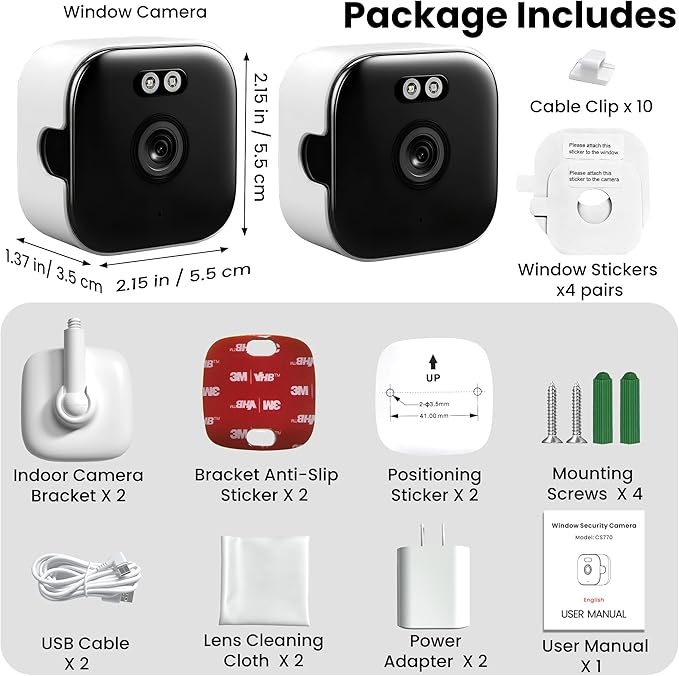 vebiliki 【2 Pack】 Window Cameras with 32GB SD Cards, 2K 3MP Indoor Cameras for Home Security, AI Starlight Color Night Vision, Easy Install & Use, 24/7 Recording, Support 5GHz & 2.4GHz WiFi