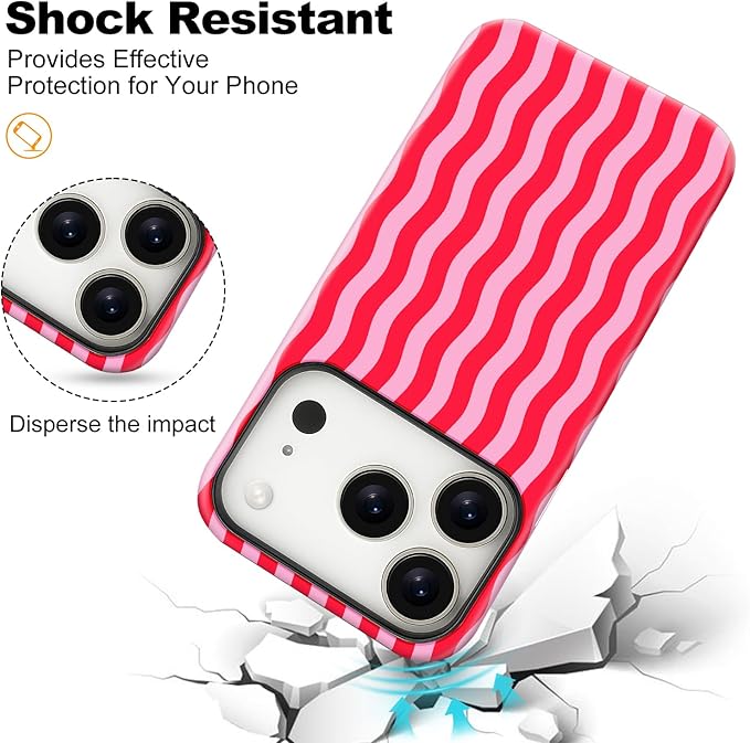 Magnetic for iPhone 17 Pro Case Cute Wavy Stripes Phone Case, Shockproof Slim TPU and Hard PC Protective Phone Cover Compatible with MagSafe Designed for Women Girls, Red