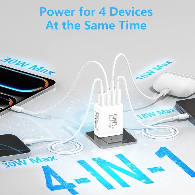 USB C Charger Block, LANWK 2Pack 60W 4Port USB C Wall Chargers Dynamic Power Adapter Dual PD&QC Type C Fast Charging Brick USB-A Charger for iPhone 17 17 Pro Max 16 15 14 13 12 11/Galaxy S26/S25/Pixel