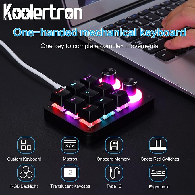 Koolertron 9-Key Mechanical Numpad with 2 Programmable Knobs, LED Backlit Macro Gaming Keyboard, Fully Customizable Numeric Keypad for PC
