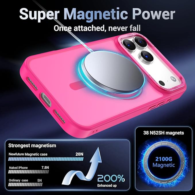 Newfuture Magnetic for iPhone 17 Pro Max Case [Compatible with Magsafe] [Military Grade Drop Protection] Translucent Matte Anti-Scratch Shockproof Protective Phone Cover Armbands 6.9 Inch, Hot Pink