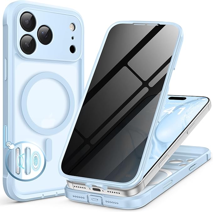 BERFY for iPhone 17 Pro Max Case, Compatible with MagSafe, Built-in Privacy Screen Protector, Camera Protection, Shockproof Full Body Phone Case 6.9", Translucent Sky Blue