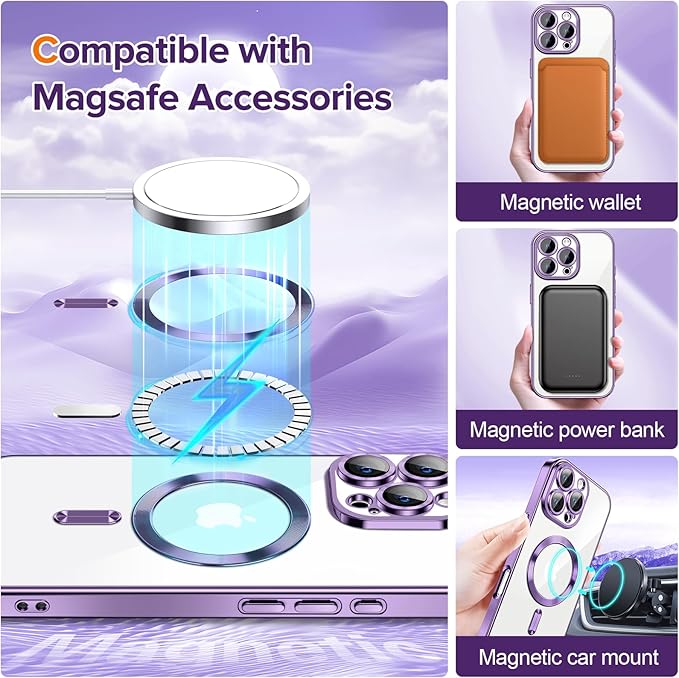 Hython Magnetic Clear for iPhone 16 Pro Case with Camera Lens Protector [Compatible with MagSafe] Luxury Plating Edge Slim Soft TPU Cover Protective Phone Case for iPhone 16 Pro 6.3", Deep Purple