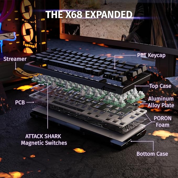 ATTACK SHARK X68 HE Rapid Trigger Mechanical Gaming Keyboard 60% Wired with Adjustable Actuation,Hall Effect Magnetic Switch,8KHz Polling Rate,RGB Backlit,Top Mount,Side Printed Keycap(Black Contour)