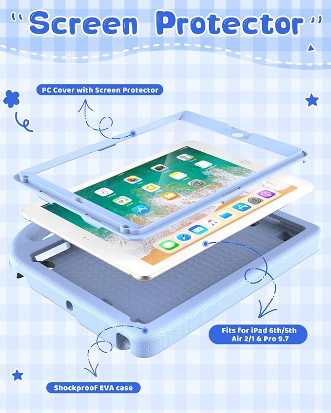 Kids Case for iPad 5th/6th Generation (9.7-inch, 2017/2018), iPad Air 2/Pro 9.7 Case with Screen Protector, Durable Shockproof Lightweight Cover with Handle/Stand for Kids, Light Blue