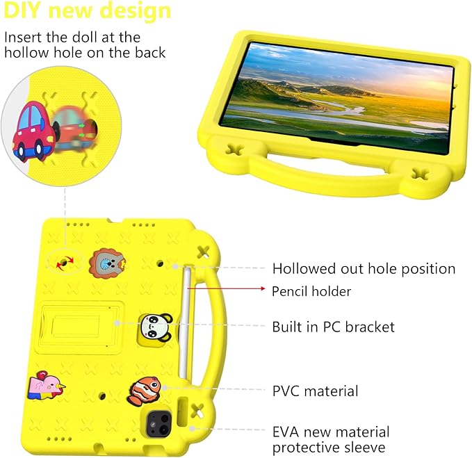 for Apple iPad Pro 11 Inch Kids Case (M5/M4) 2025/2024 with Pencil Holder/Kickstand/Handle Stand Slim Lightweight Cute DIY Soft EVA Shockproof Rugged Silicone Girls Boys Cover, Yellow Bear