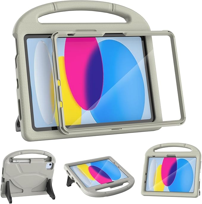 YIHE Kids Case for iPad (A16) 11th Generation 11 Inch 2025 & iPad 10th Generation 10.9 inch 2022, with Built-in Screen Protector and Stable Stand, Full Body Shockproof Protective Cover - Light Grey