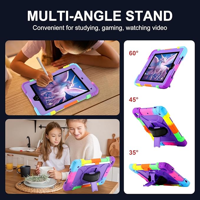for iPad 6th Generation/iPad 5th Gen/iPad Air 2/iPad Pro 9.7" Case with Cute Key Chain, Rugged Protective Case with Rotating Stand & Shoulder Hand Strap for iPad 6th/5th/ Air 2 (Rainbow Purple)