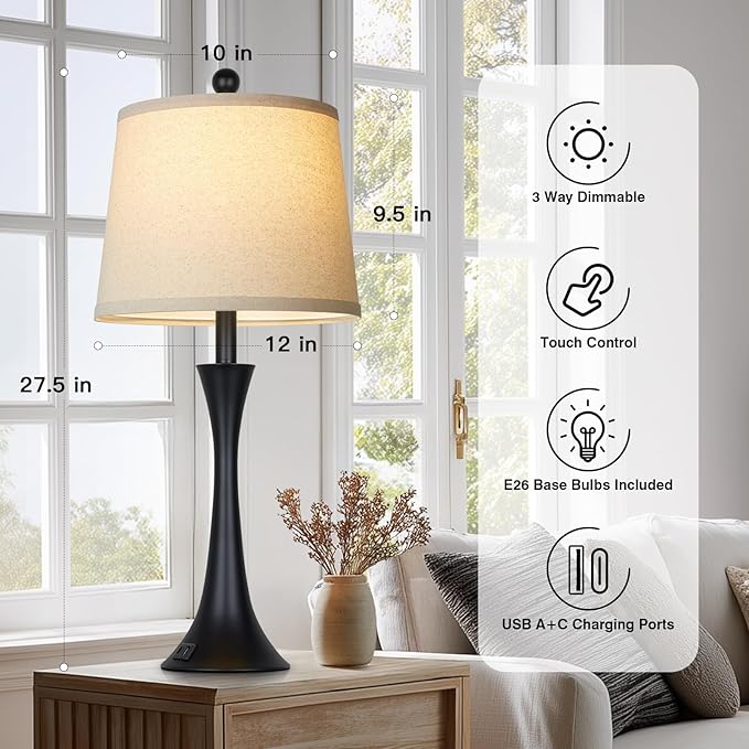 Rinweey 27.5" Table Lamps Set of 2, Touch Bedside Lamps with USB C+A Ports, 3 Way Dimmable Nightstand Lamps for Bedroom, Living Room, Office, Black Lamp with Beige Lampshade, Bulbs Included