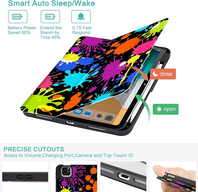 for iPad Air 11-inch Case, iPad Air 5th/Air 4th Gen Case with Pencil Holder for iPad Pro 11 Inch 4th/3rd/2nd/1st case with Multi-Angle View Adjustable Stand Auto Wake Sleep Pigment Paint Splash
