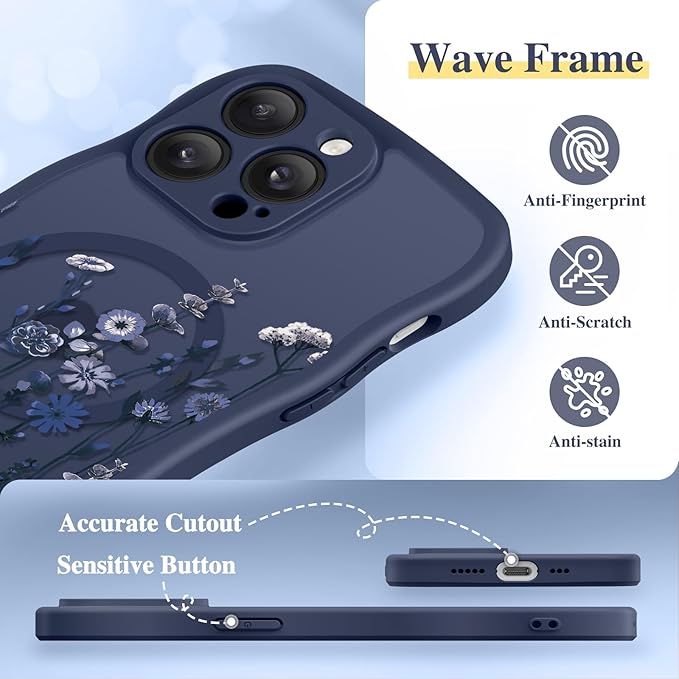 GVIEWIN for iPhone 14 Pro Case Compatible with MagSafe [Curly Wave Edge][Full Camera Protection] Floral Translucent Shockproof Magnetic Women Phone Case for 14 Pro, Floratopia/Blue