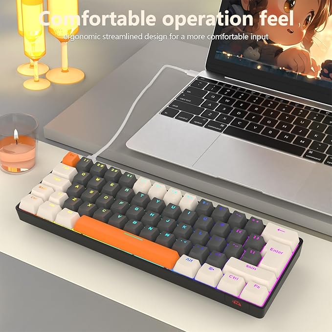 RK-T60 Wired 60% TKL Mechanical Gaming Keyboard Led Rainbow Backlight Ultra-Compact NKRO Linear Red Switch ABS Keycap RGB Honeycomb Mice Coiled Aviator Cable for Windows Laptop PS4/PC/WIN Gamer