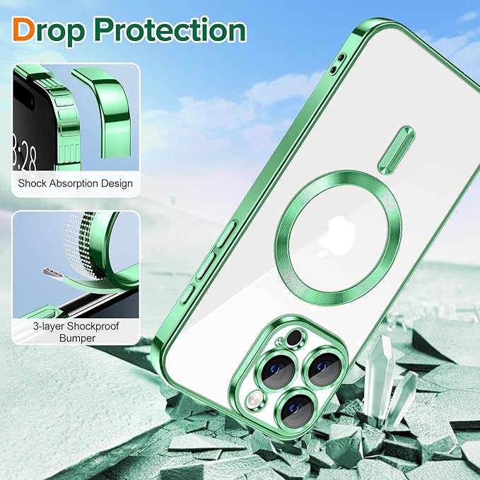Hython Magnetic Clear for iPhone 16 Pro Max Case with Camera Lens Protector [Compatible with MagSafe] Plating Edge Slim Soft TPU Cover Protective Phone Case for iPhone 16 Pro Max 6.9", Light Green