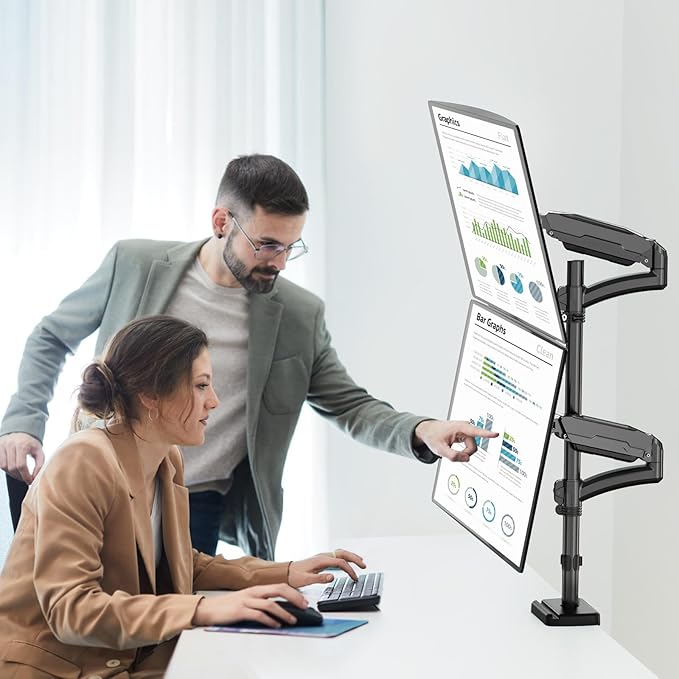 MOUNT PRO Vertical Dual Monitor Mount, Stacked Monitor Stand for 2 Computer Screens up to 32 inches, Full Motion Adjustable Tall Display Desk Mount, Each Arm Holds up to 17.6lbs, VESA Mount
