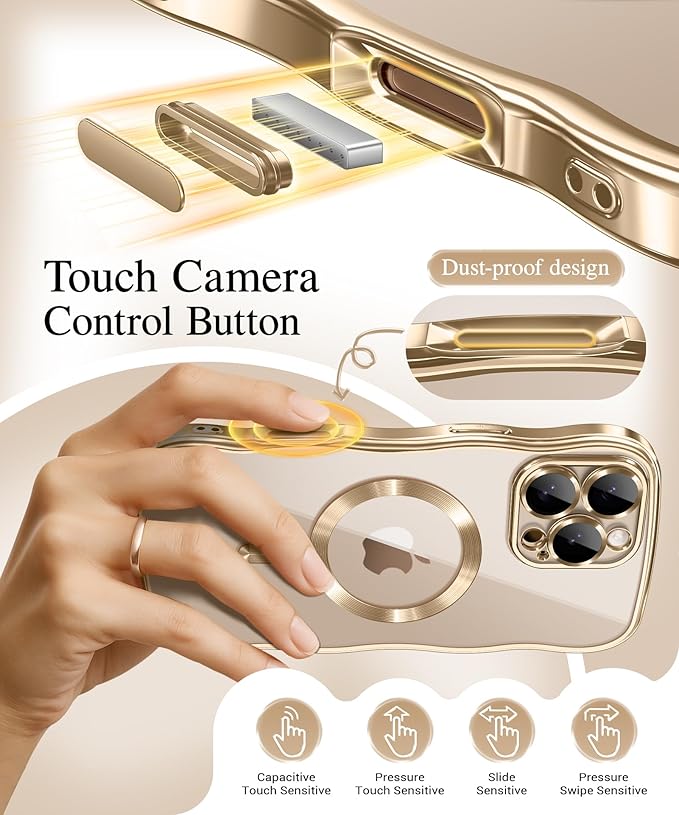 GVIEWIN for iPhone 16 Pro Case Compatible with MagSafe, Upgraded [Full Camera Protection][Cute Wave Frame][Military Grade Protection] Electroplated Soft Phone Cover for Women Girl, Clear/Gold