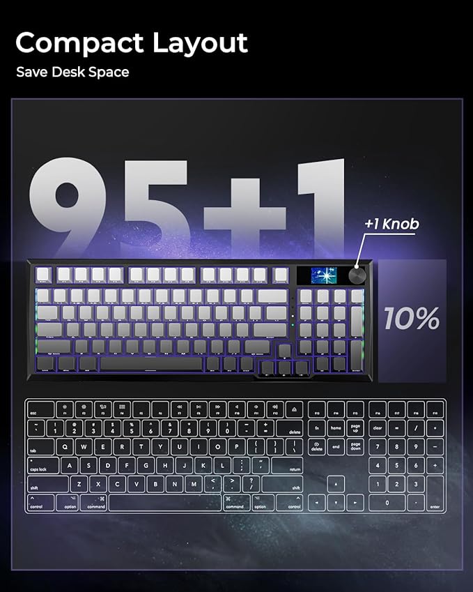 Redragon Wireless Mechanical Keyboard, Gasket RGB Gaming Keyboard with Screen & Knob, Tri-Mode BT5.0/2.4G/USB-C, 95 Keys Hot Swappable, Side Printed PBT Keycaps, Thick Pre-Lubed Linear Switch, K725SP