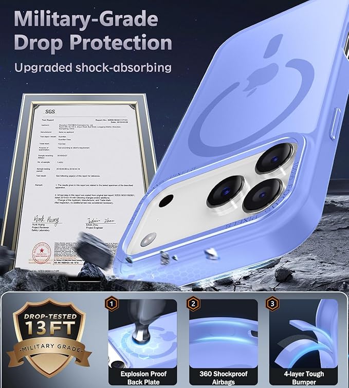 Newfuture Magnetic for iPhone 17 Pro Max Case [Compatible with Magsafe] [Military Grade Drop Protection] Translucent Matte Anti-Scratch Shockproof Protective Phone Cover 6.9 Inch, Light Purple