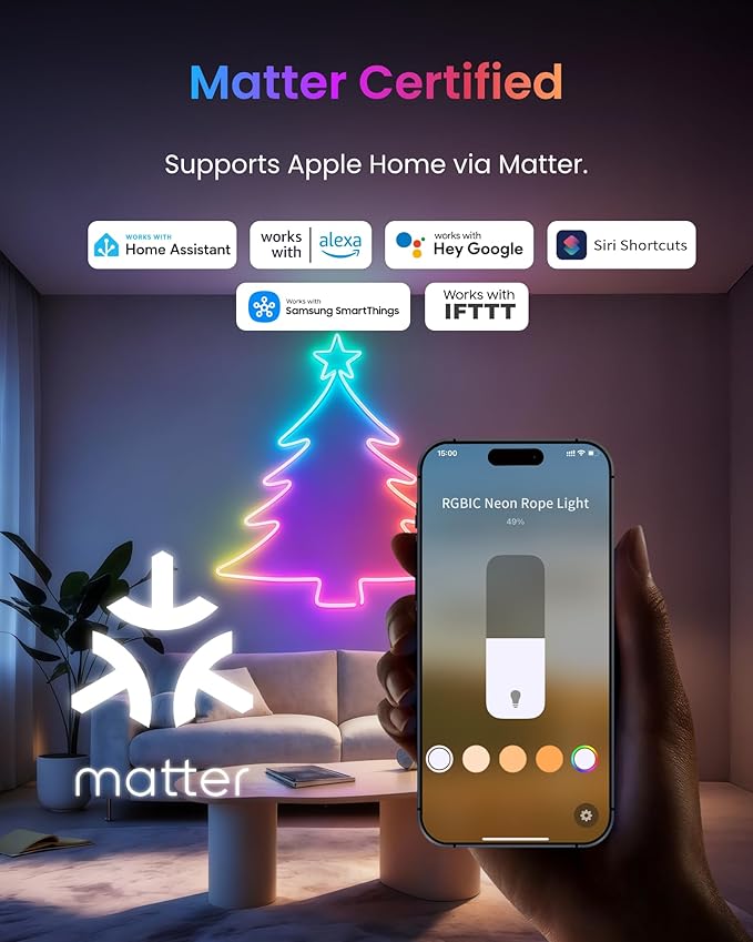 SwitchBot RGBIC Neon Rope Light, 5M Matter-Certified Neon Strip Lights Works with Apple Home, Alexa and Google Home, 16 Million Colors, Music Sync, Scene Modes, LED Neon Lights for Bedroom, Wall Decor